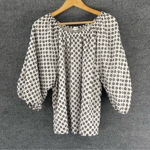 Calvin Klein Womens Embroidered Floral Top Size Large White Black Puff Sleeve